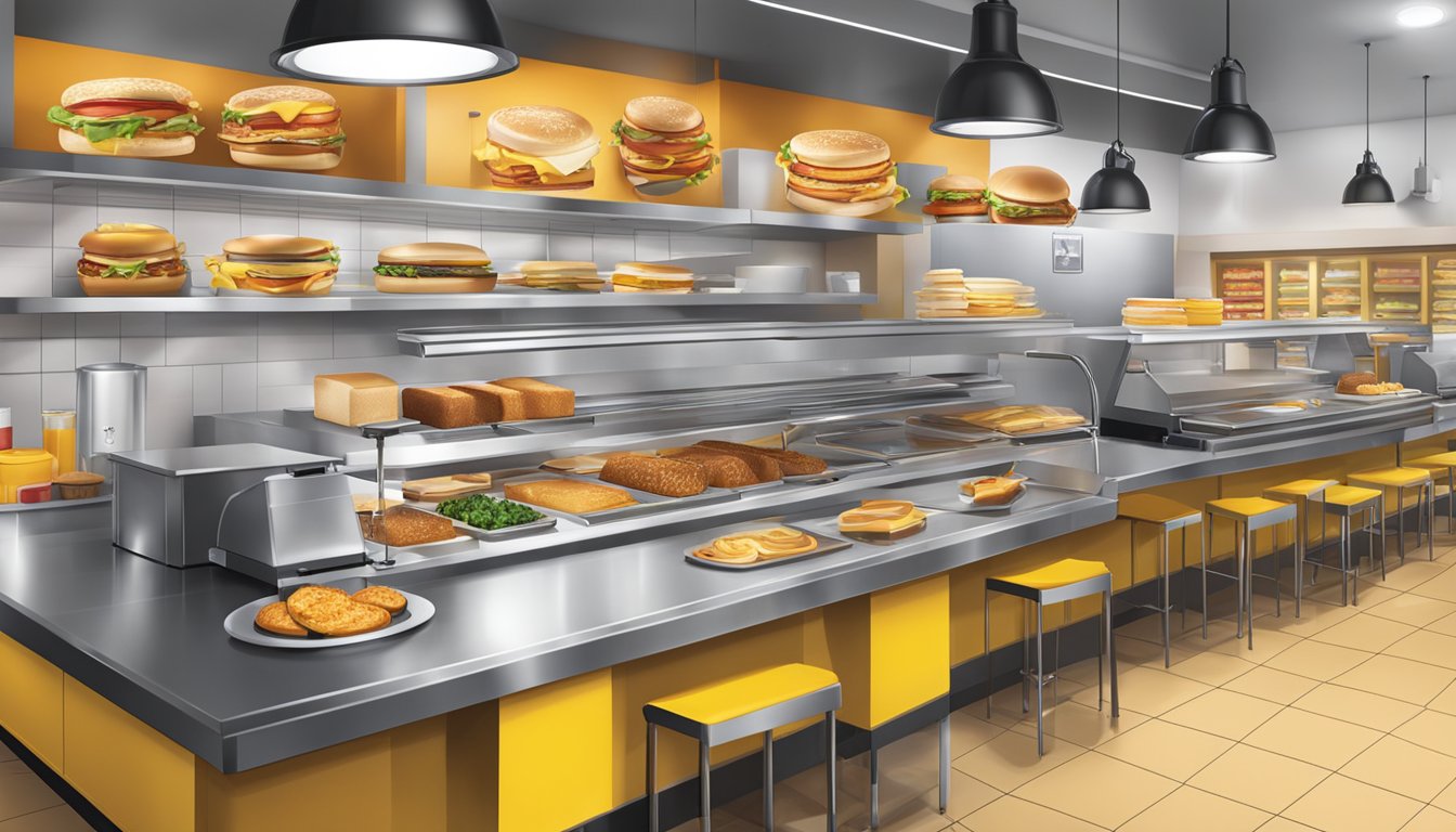 A bustling McDonald's breakfast kitchen with sizzling griddles and a display of freshly made signature sandwiches and wraps