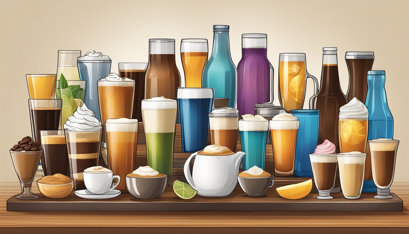 A table with a variety of beverages and coffee options, including traditional and innovative selections, displayed in a balanced and appealing manner