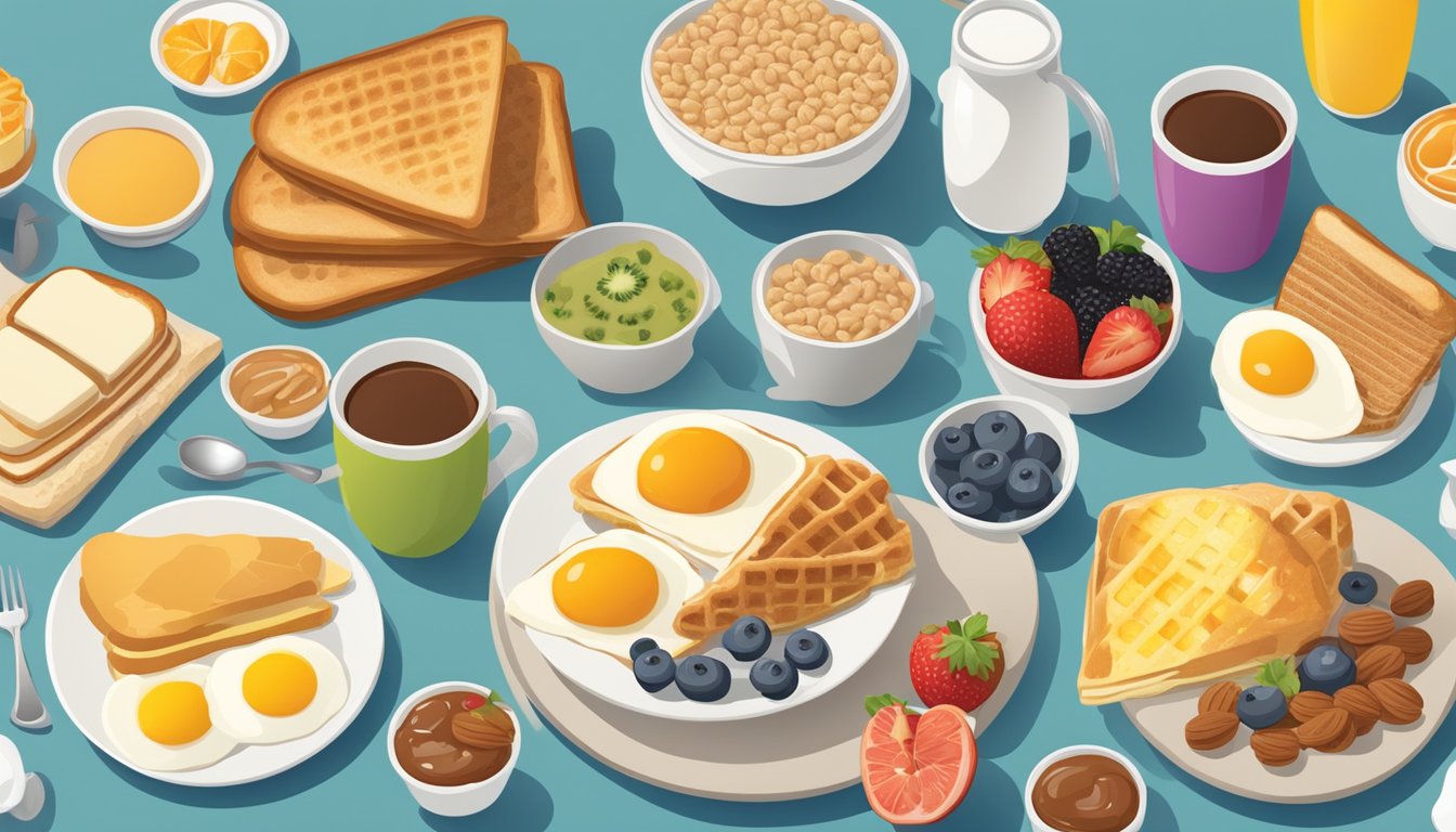 A colorful spread of classic and modern breakfast items, with nutritional information displayed alongside various dietary options