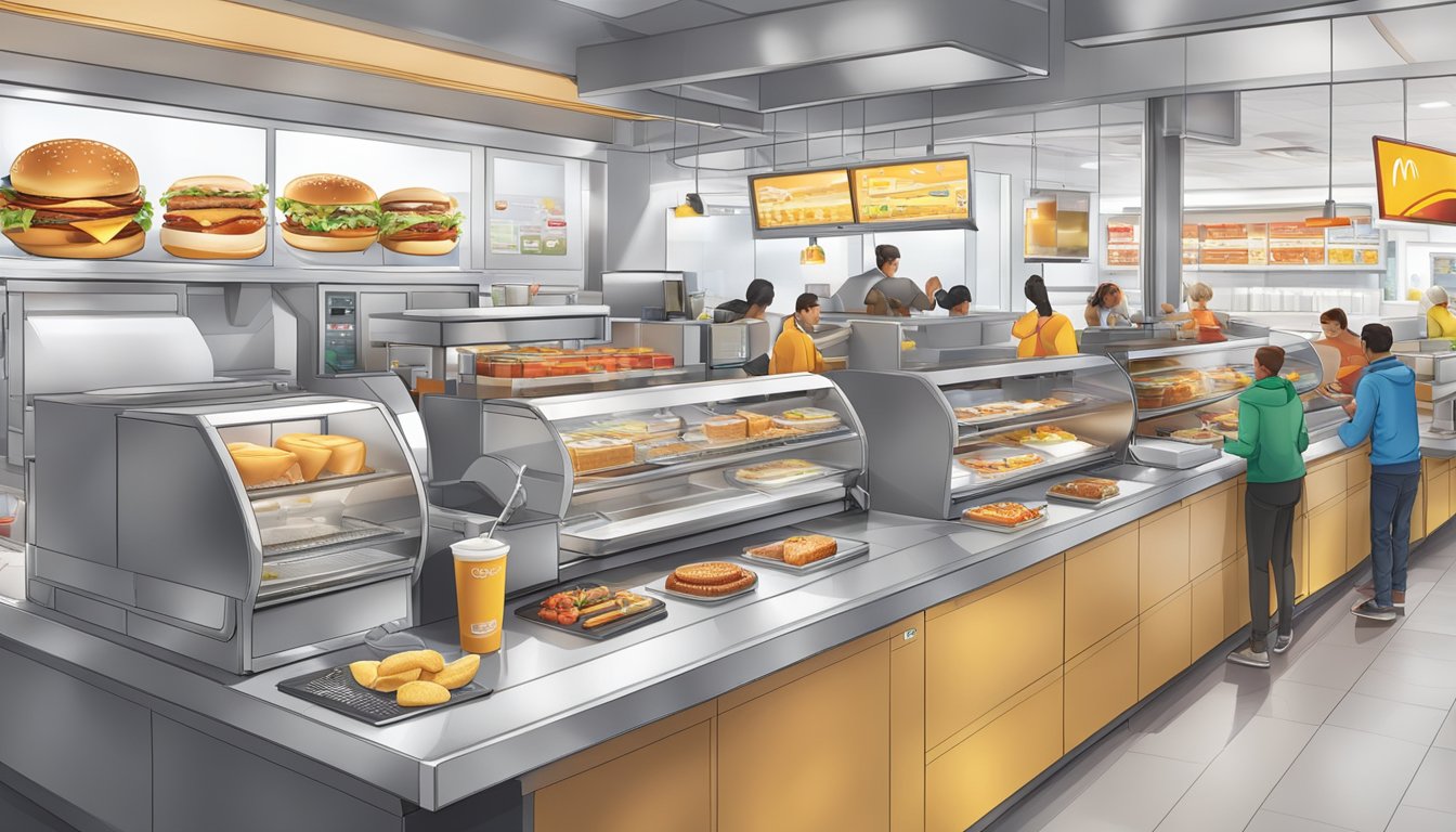 A bustling McDonald's breakfast service with modern technology at play, from digital ordering kiosks to automated cooking equipment