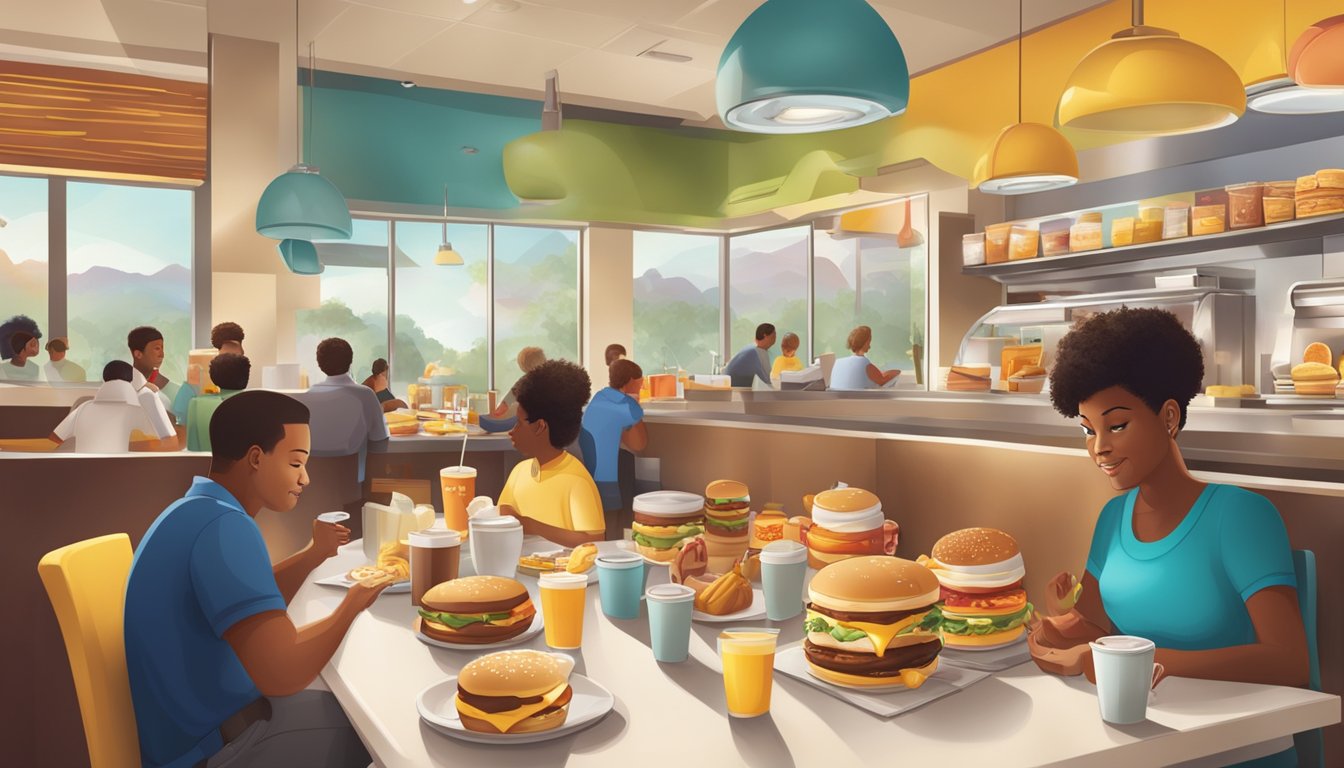 A busy McDonald's breakfast scene with a variety of food items on the menu, including coffee, muffins, and breakfast sandwiches, with customers enjoying their meals