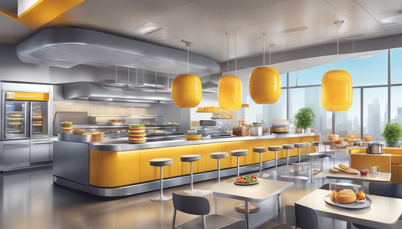 A futuristic McDonald's breakfast scene with sleek, modern architecture and high-tech kitchen equipment, featuring a variety of healthy and customizable breakfast options