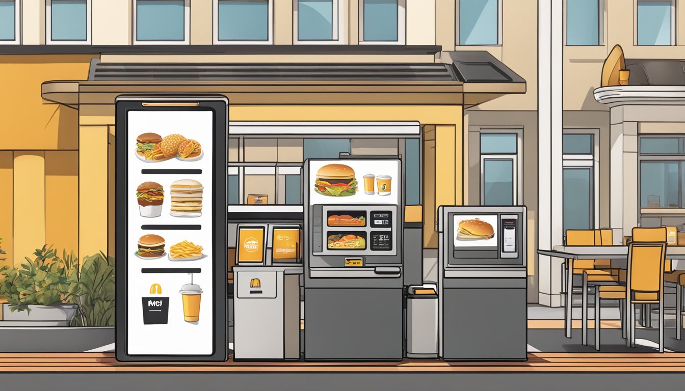 A digital kiosk displaying breakfast menu options next to a mobile order pickup station at a McDonald's restaurant