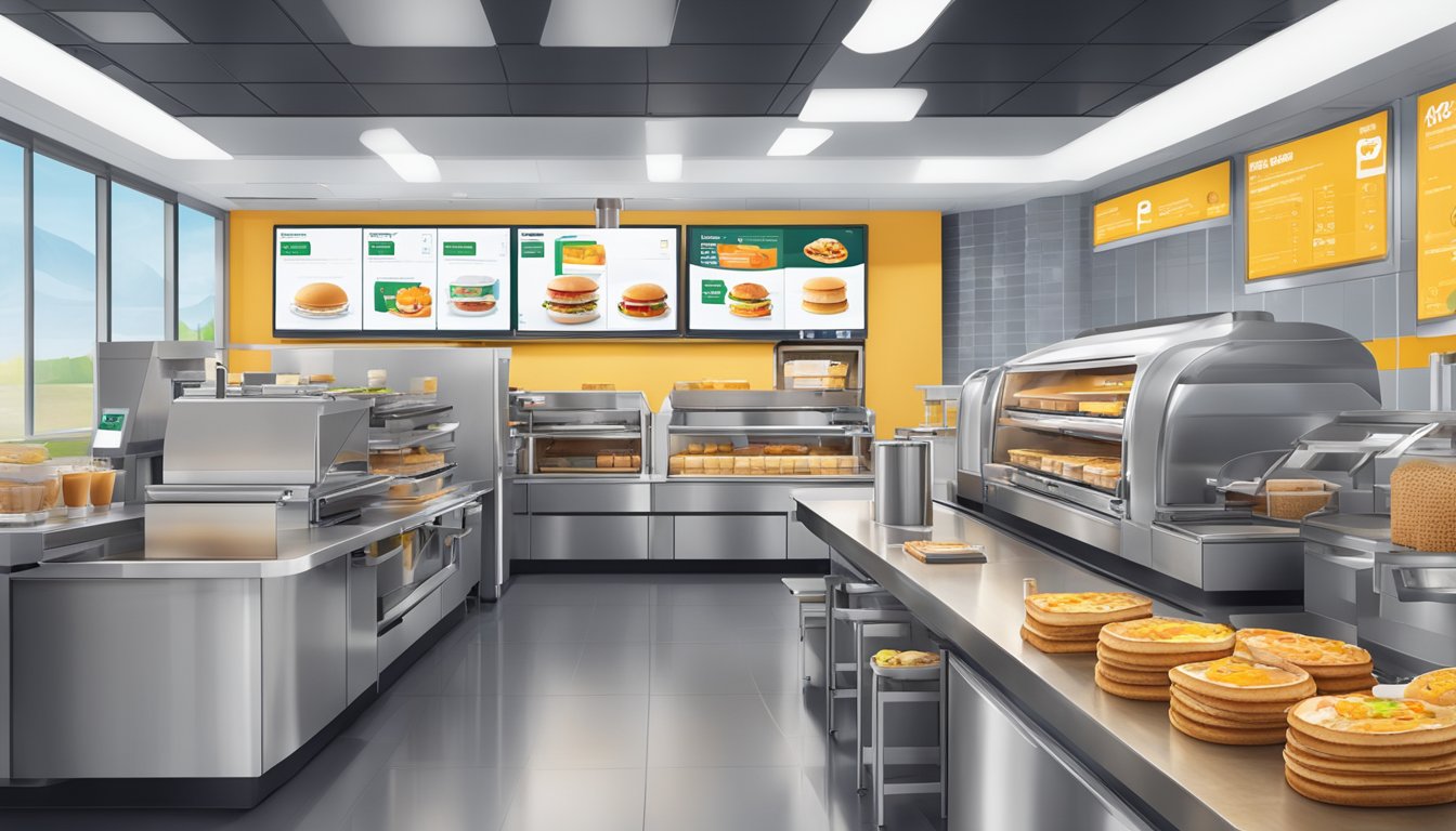 A McDonald's breakfast service with automated cooking equipment and digital order screens for operational efficiency