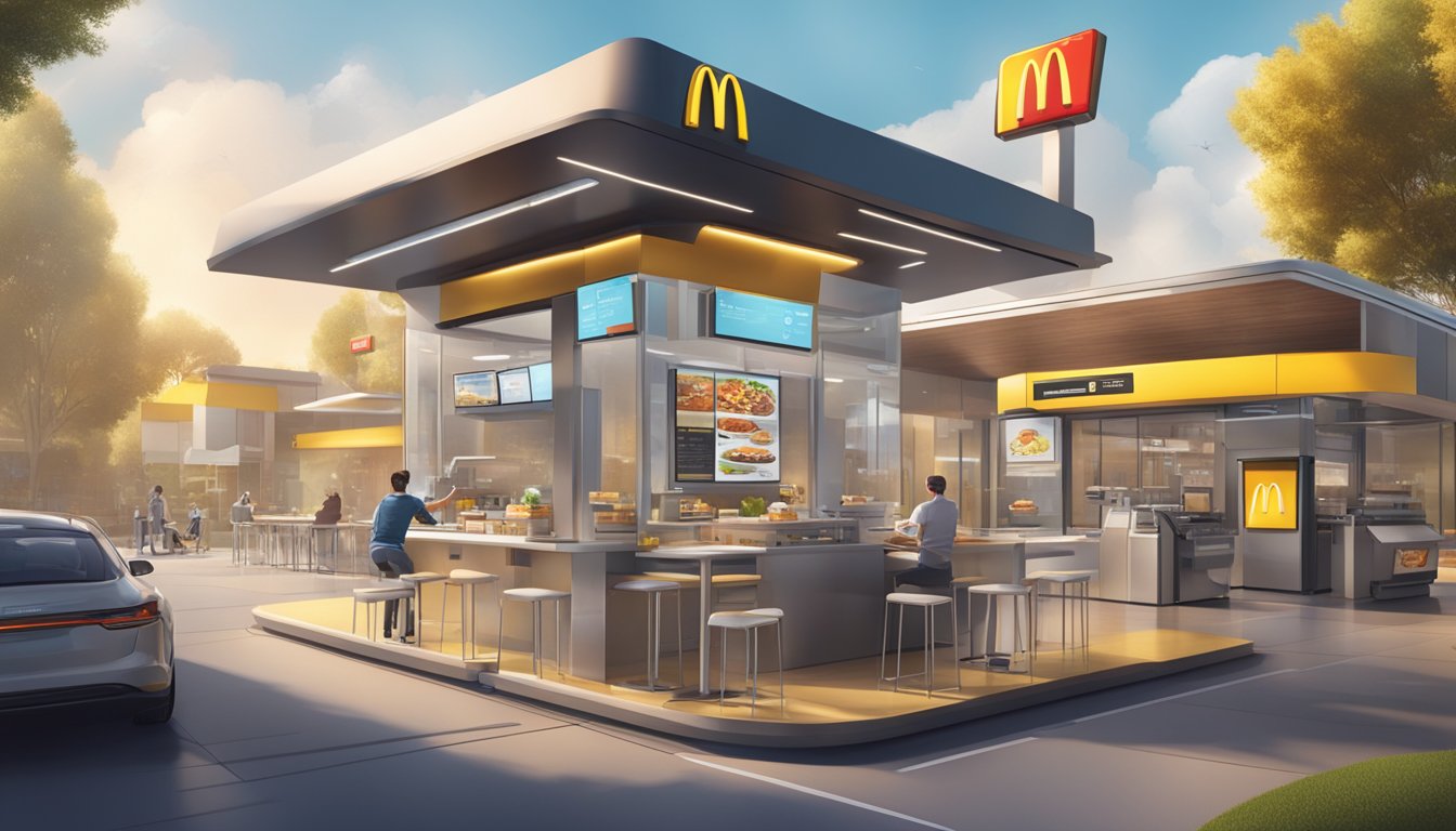 A futuristic McDonald's breakfast service with digital ordering kiosks, automated food preparation, and delivery drones buzzing outside