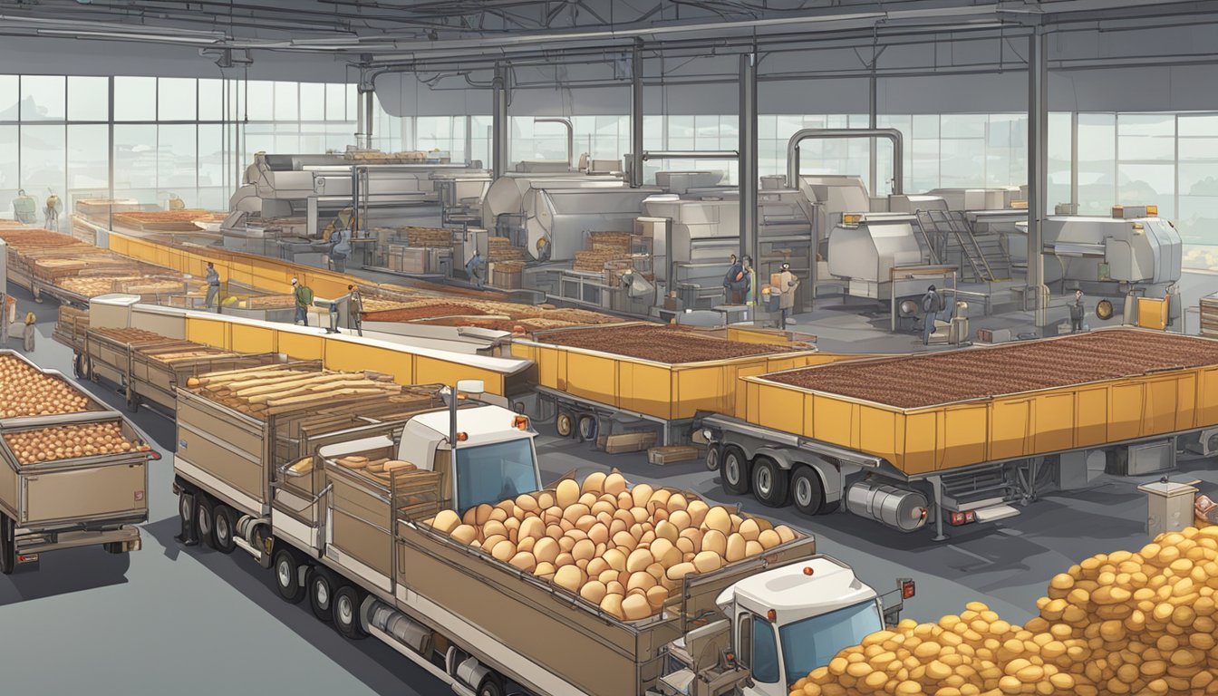 A bustling factory with conveyor belts moving eggs, bacon, and potatoes towards packaging. Trucks loading up with the finished products and heading towards a McDonald's restaurant