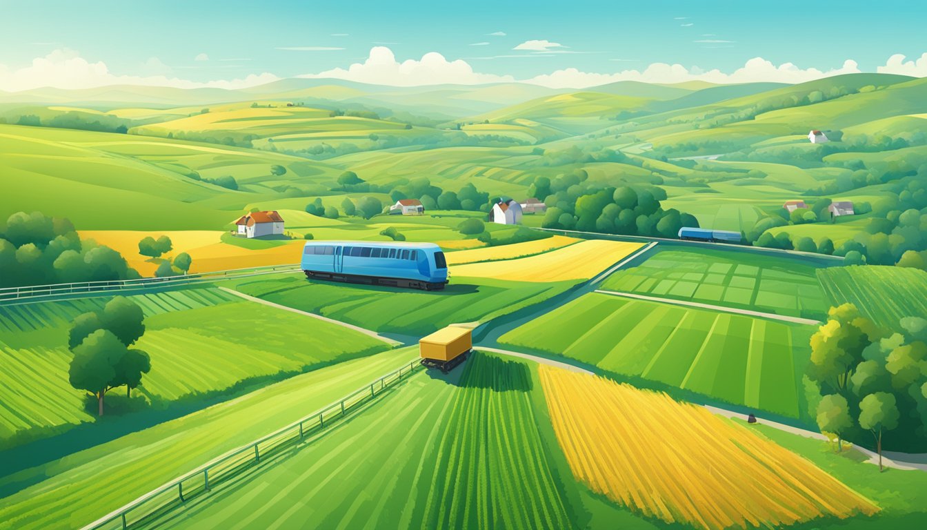 A lush green field with a clear blue sky, showcasing a variety of crops and livestock, with a modern transportation network in the background