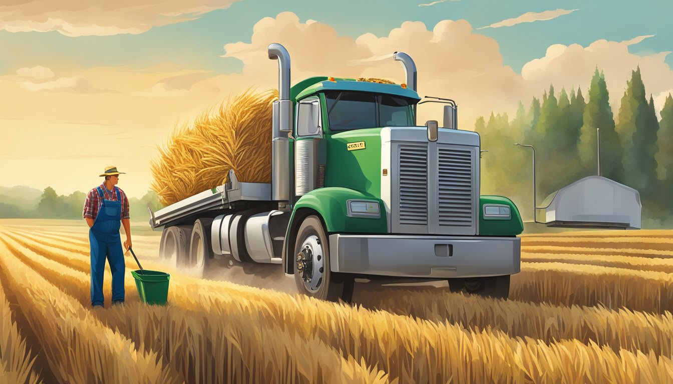 A farmer tending to a field of wheat, while a truck transports produce to a McDonald's distribution center