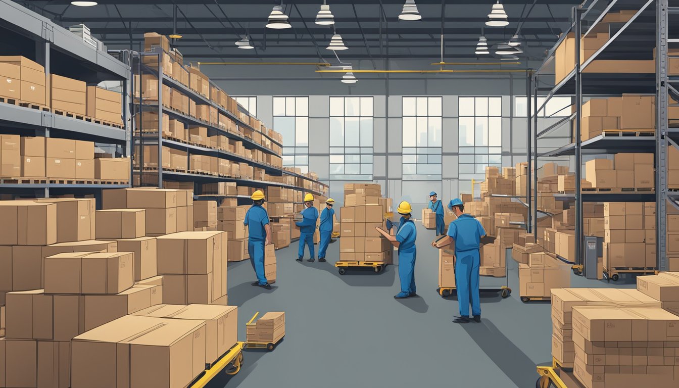 A busy morning scene at a McDonald's supply chain warehouse, with workers loading and unloading trucks, managing inventory, and overseeing quality control inspections