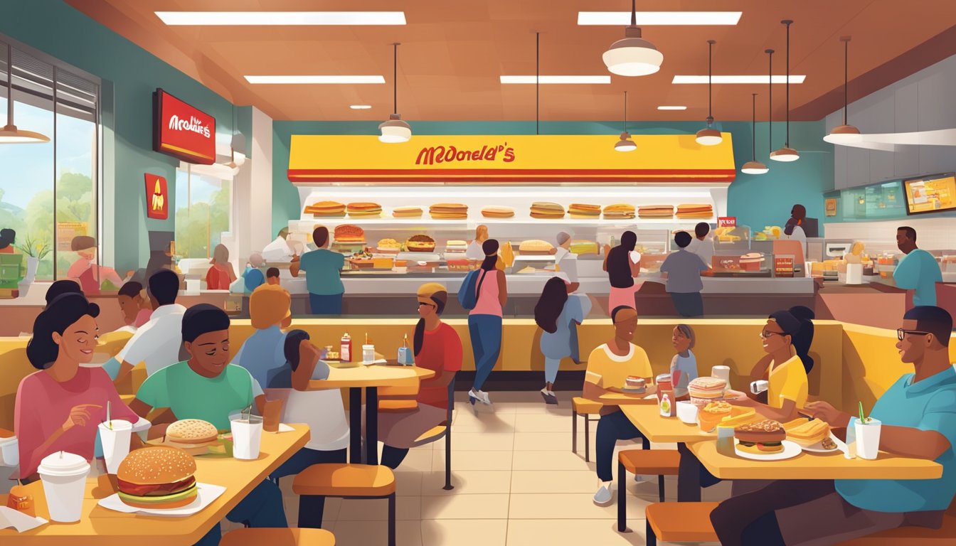 A bustling McDonald's breakfast scene with iconic menu items and diverse customers enjoying their meals