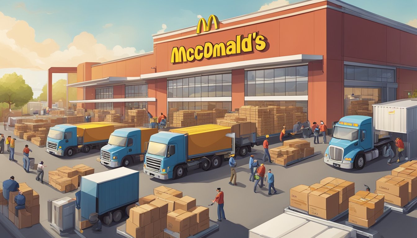 A bustling morning scene at a McDonald's supply warehouse, with trucks unloading fresh ingredients and workers preparing shipments for delivery