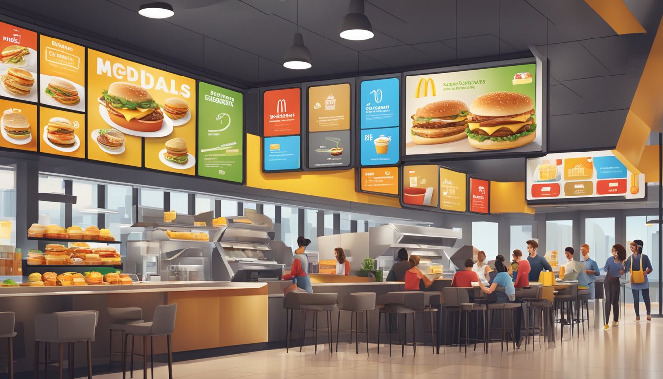 A bustling McDonald's restaurant with a breakfast menu displayed on digital screens, alongside a loyalty program sign and various app integration icons