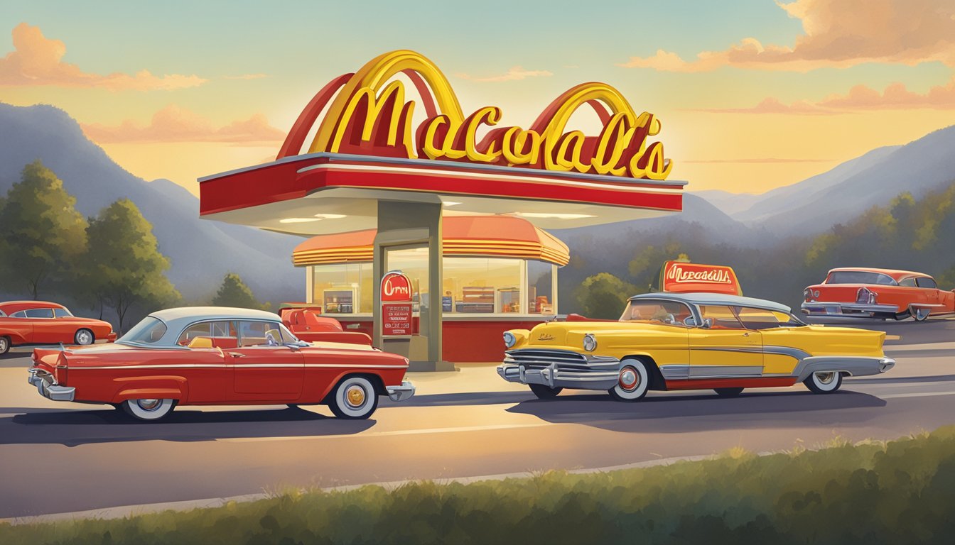 A vintage McDonald's restaurant sign stands against a backdrop of a scenic American highway, with a classic red and yellow drive-thru sign and a line of cars waiting for breakfast