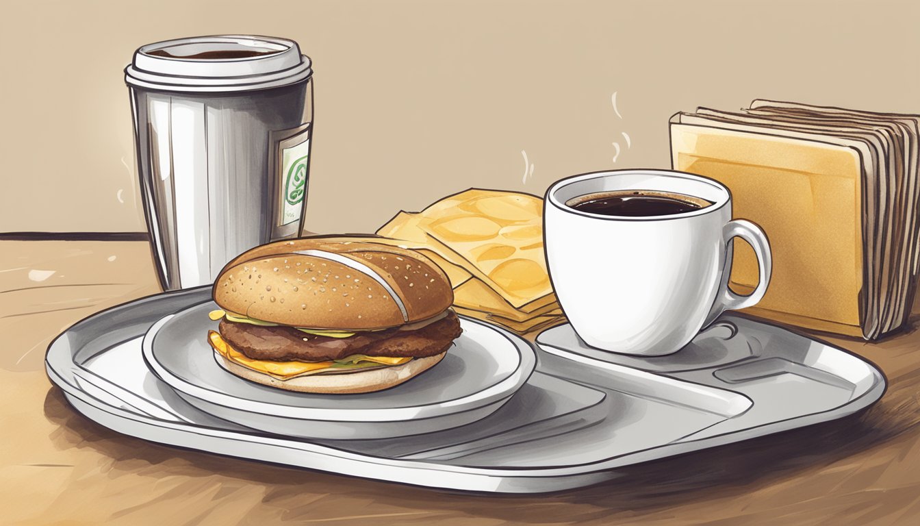 A steaming cup of coffee sits next to a golden, flaky breakfast sandwich on a tray, with a loyalty card placed beside it