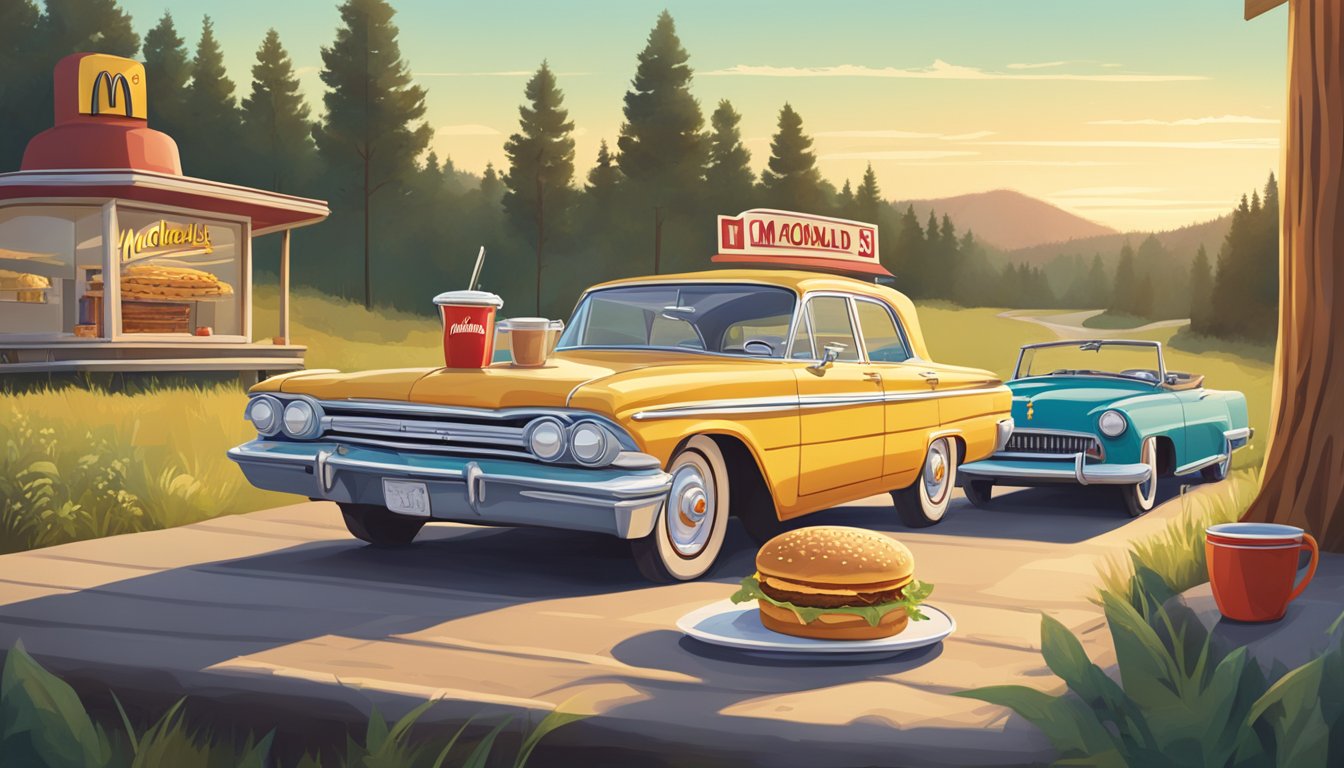 A classic American road trip scene with a McDonald's breakfast spread on a picnic table next to a vintage car parked on the side of a scenic highway