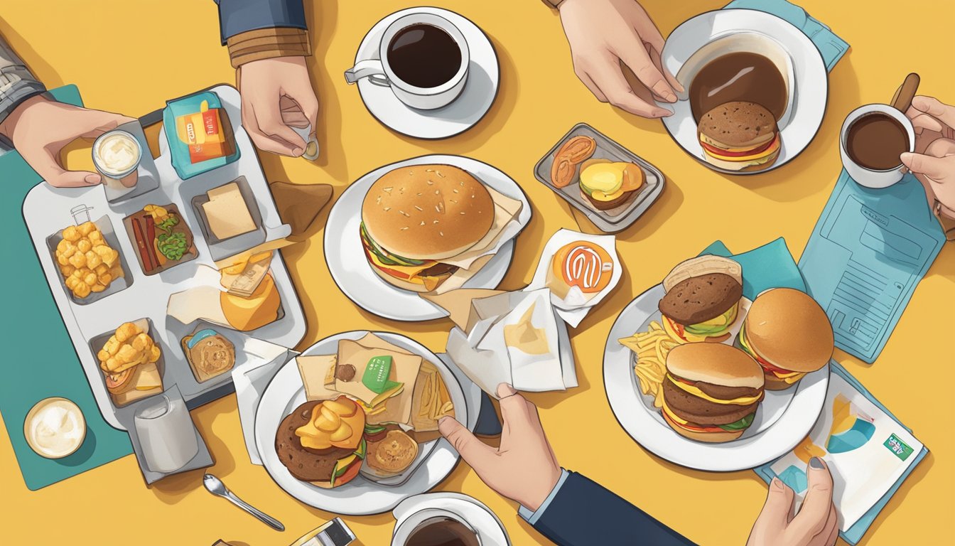 A table with a variety of McDonald's breakfast items, including coffee, muffins, and egg sandwiches, surrounded by loyal customers holding loyalty cards