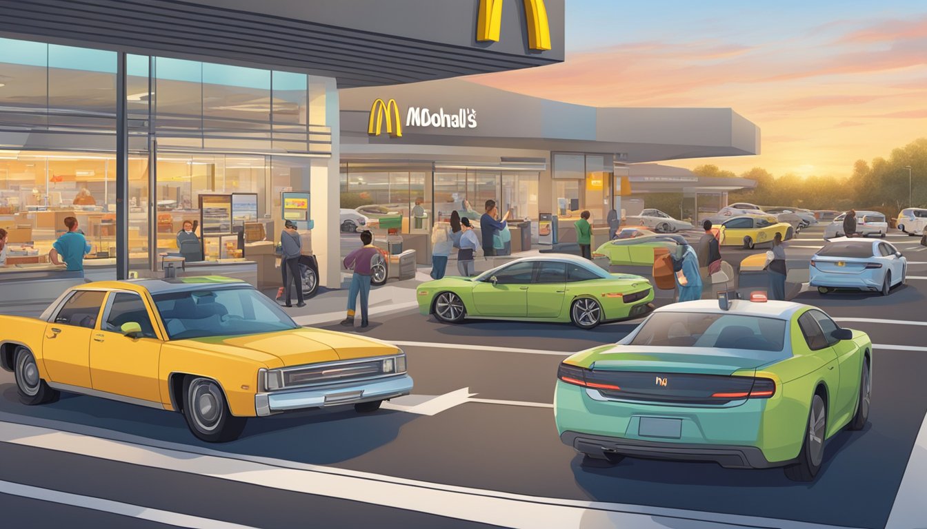 Customers using mobile app to pre-order breakfast at McDonald's drive-thru, while self-driving cars navigate the busy morning commute