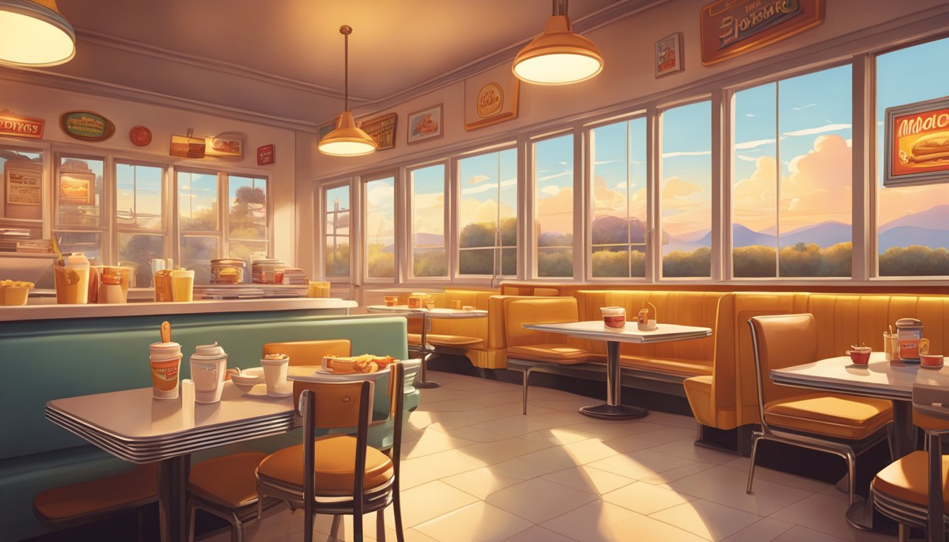 A cozy, retro-style diner with warm lighting and vintage decor. A smiling sun rises over a classic McDonald's breakfast spread, evoking feelings of nostalgia and comfort