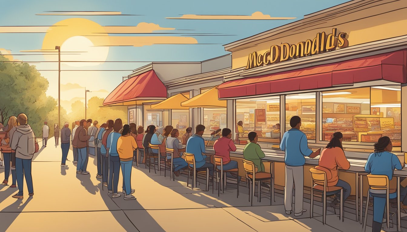 The morning sun rises over a row of fast-food restaurants, each displaying their breakfast menus. A line of customers forms outside McDonald's, while competitors scramble to update their offerings