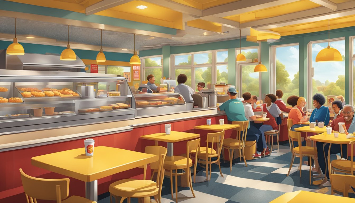 A bustling McDonald's breakfast scene with iconic golden arches and nostalgic decor, as customers enjoy their favorite morning meals