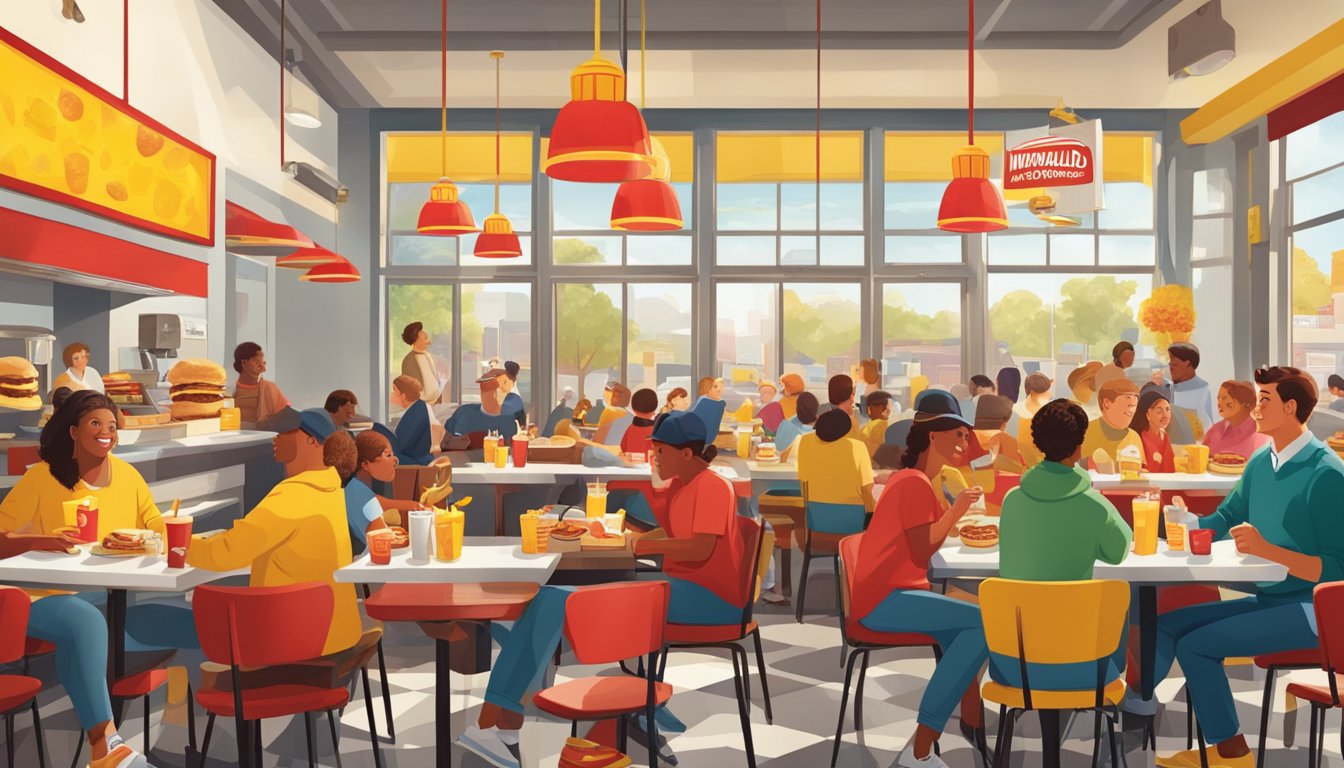 A bustling McDonald's breakfast scene with iconic red and yellow branding, nostalgic decor, and customers enjoying classic breakfast items