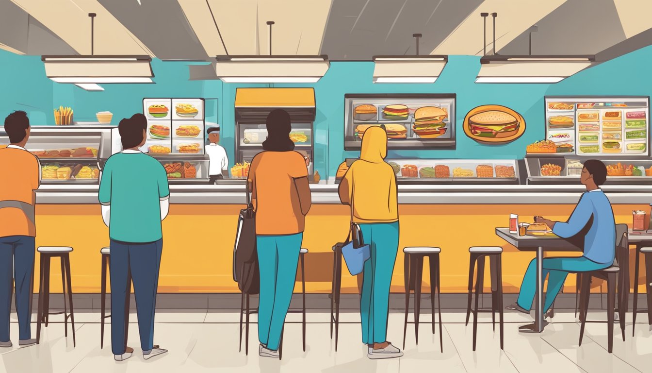 A bustling fast-food restaurant with a vibrant breakfast menu display, featuring a variety of items and promotional signage. Customers eagerly line up to order