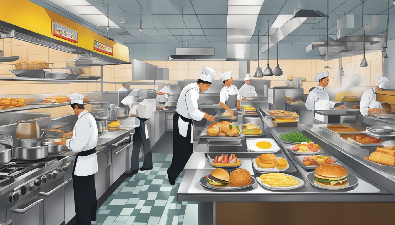 A bustling restaurant kitchen with chefs preparing breakfast items, while a McDonald's menu prominently influences the offerings of nearby competitors