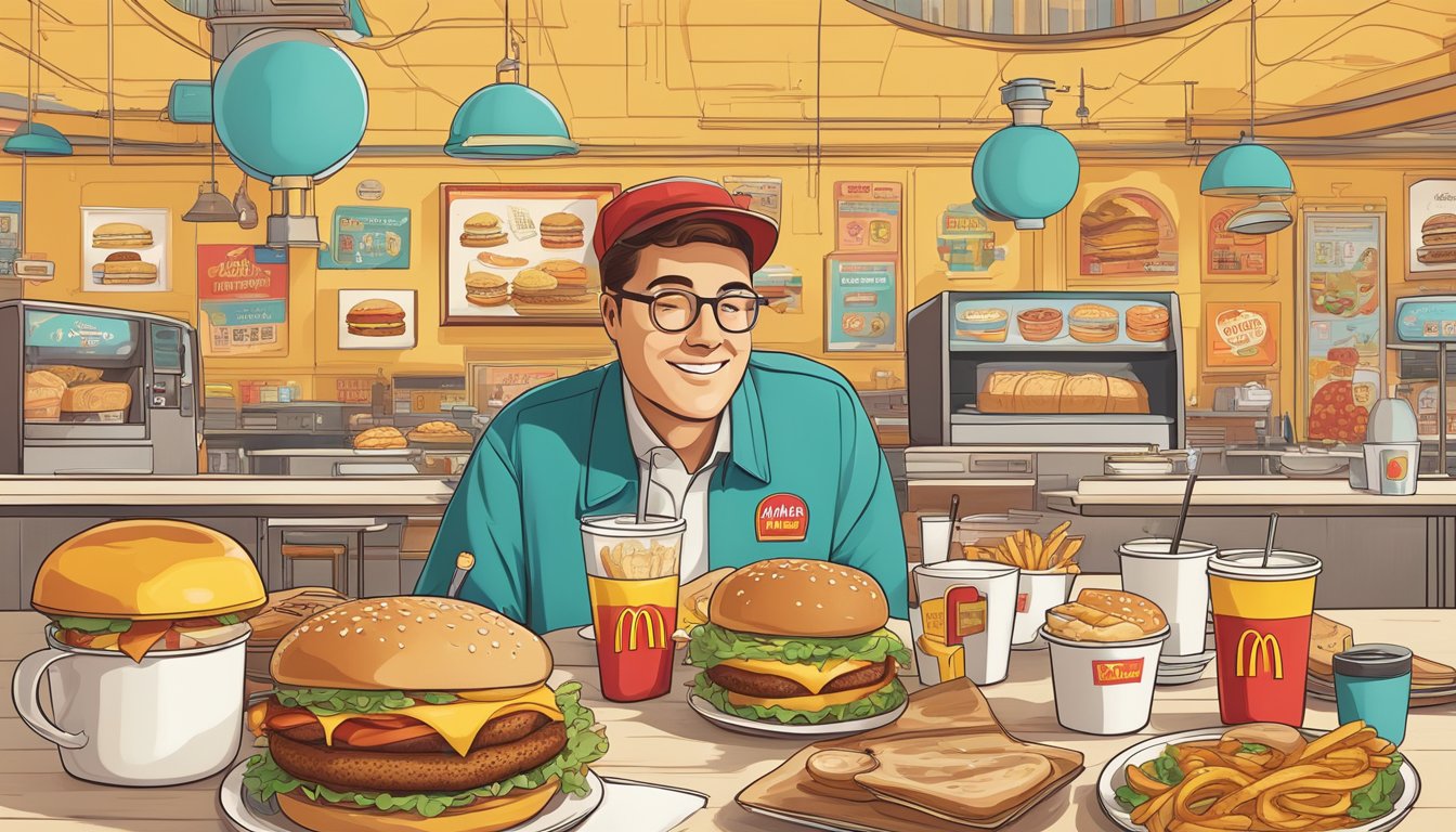 A colorful illustration of a vintage McDonald's breakfast scene, with classic menu items and nostalgic branding, surrounded by social media engagement icons