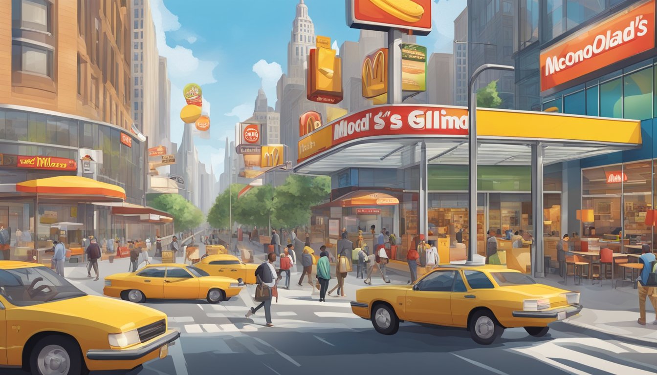 A bustling city street with various fast-food restaurant signs and menus prominently displaying breakfast items, while the McDonald's logo looms in the background