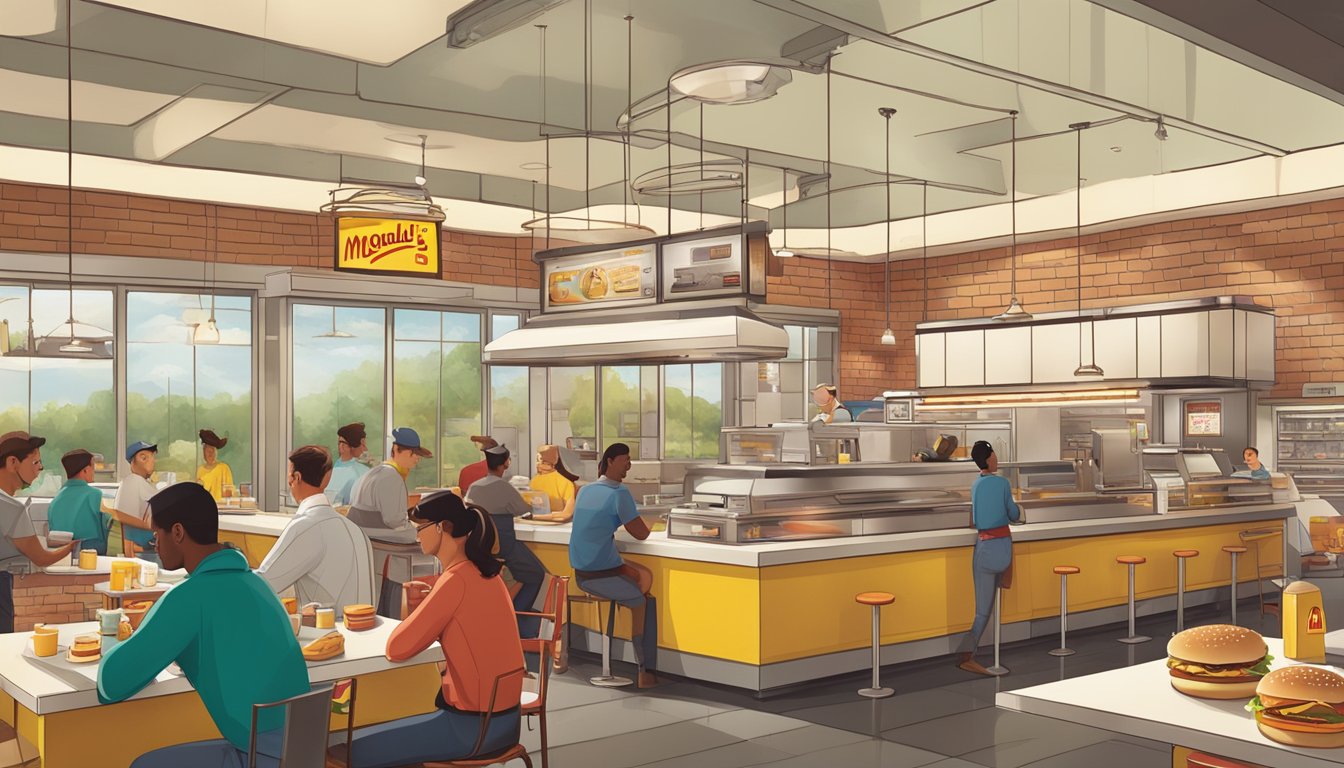 A bustling McDonald's breakfast scene with vintage decor and nostalgic branding, showcasing the challenges in supply chain and operations