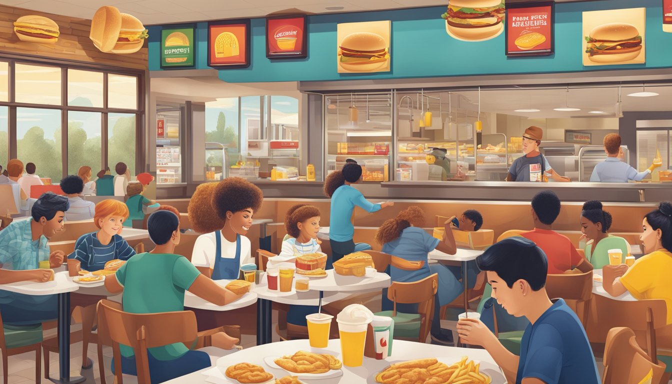 A bustling McDonald's breakfast scene with iconic menu items and a nostalgic atmosphere