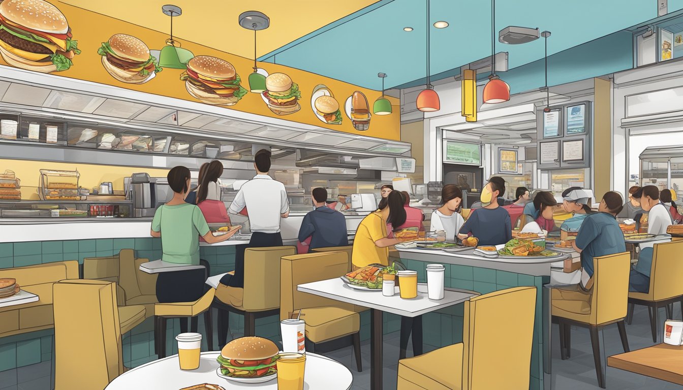 A bustling breakfast restaurant with a prominent McDonald's menu item displayed among competitors' offerings