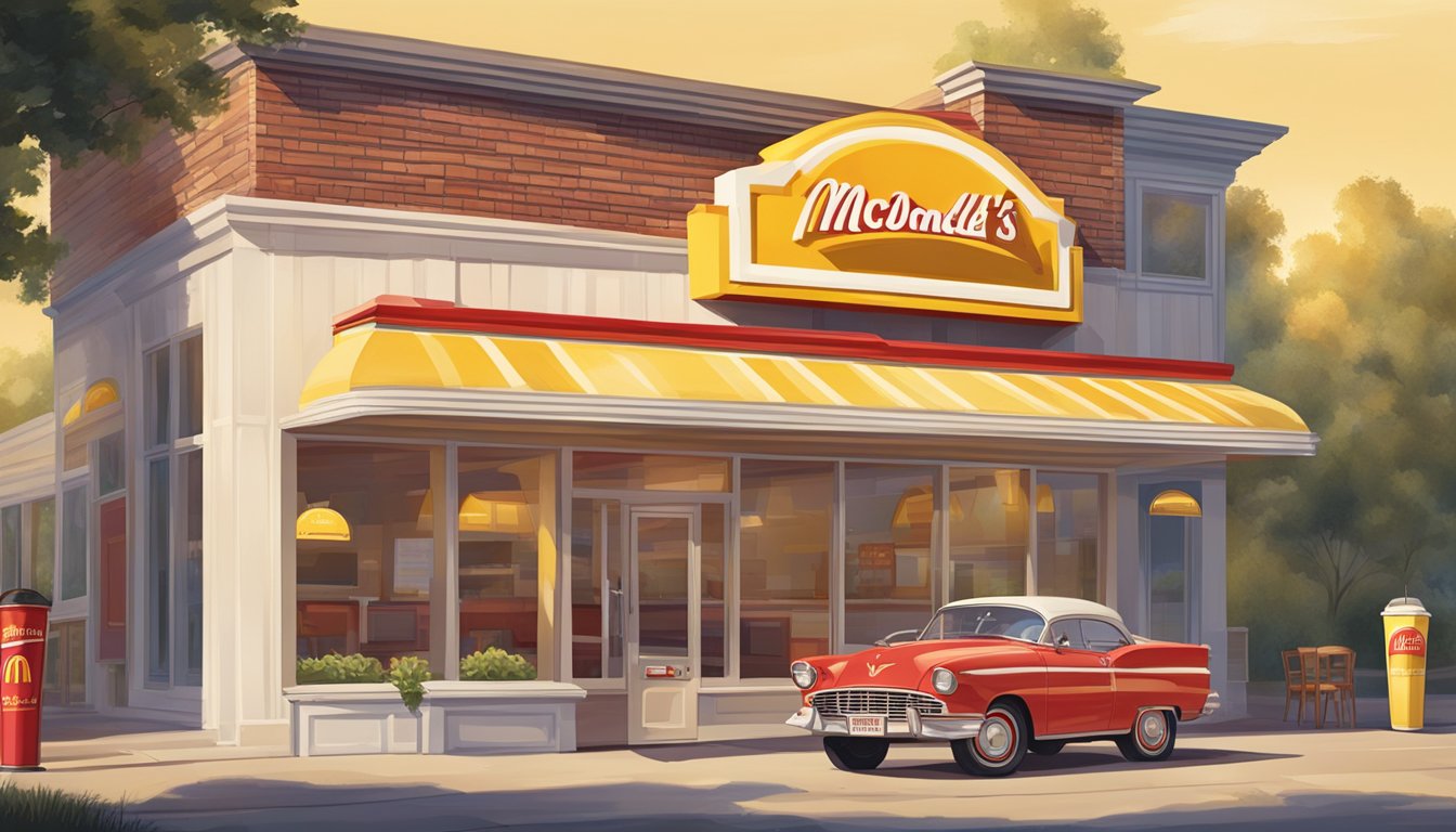 A sunny morning with a vintage McDonald's sign and a classic red and yellow breakfast menu displayed outside the restaurant