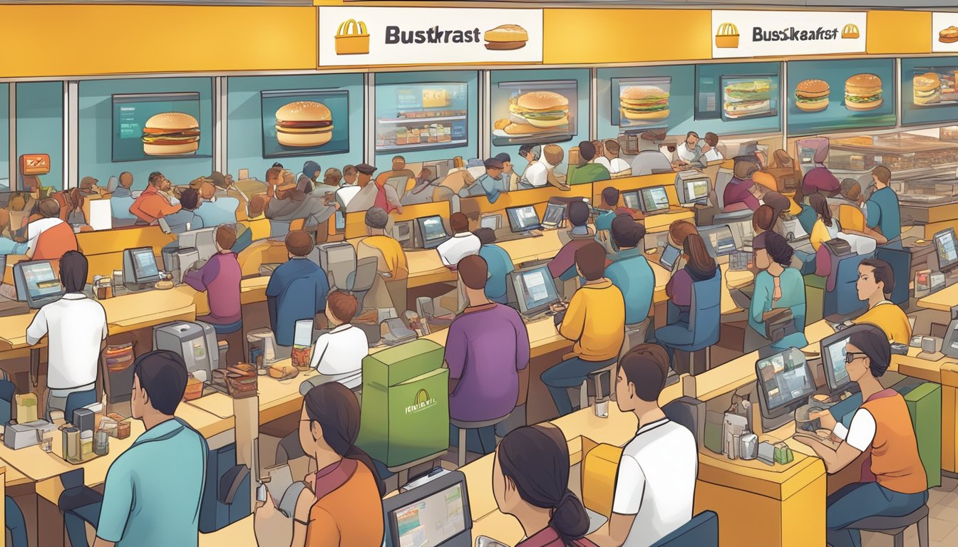 A bustling McDonald's breakfast rush, with customers eagerly ordering and enjoying their meals while surrounded by modern technology