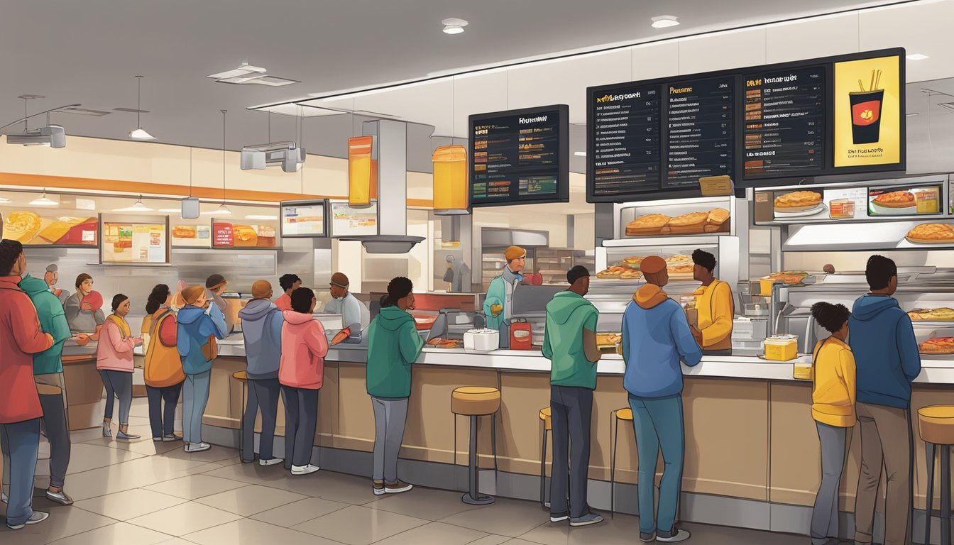 The scene is a bustling McDonald's breakfast rush, with customers ordering and staff preparing food behind the counter. The menu board prominently displays pricing strategy