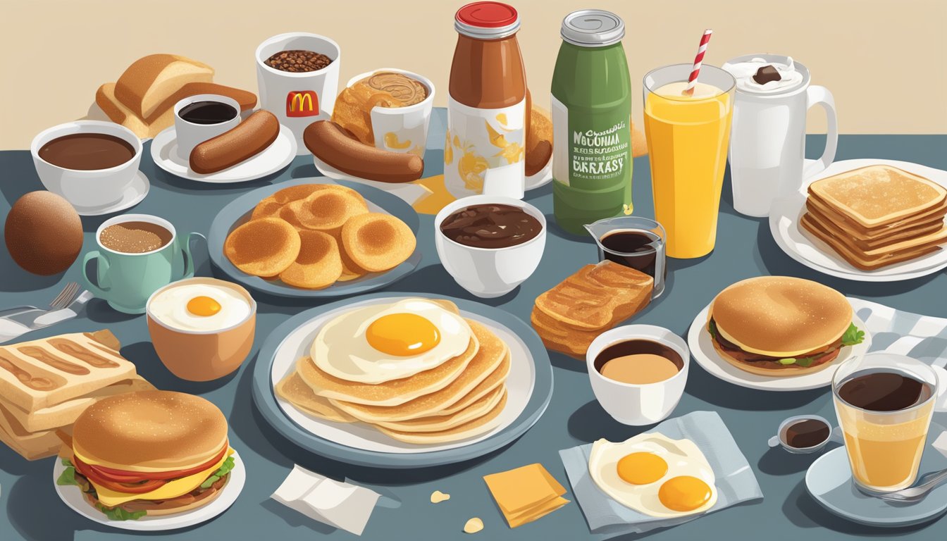 A table with a McDonald's breakfast spread, including a variety of breakfast items such as eggs, pancakes, sausage, and coffee, surrounded by nutritional labels and information about changing breakfast food trends