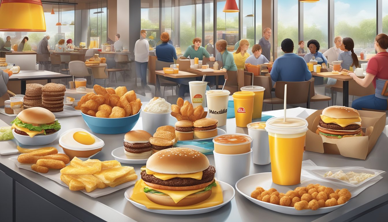 A bustling McDonald's breakfast scene with a variety of non-traditional breakfast foods being served, reflecting changing consumer expectations and market trends