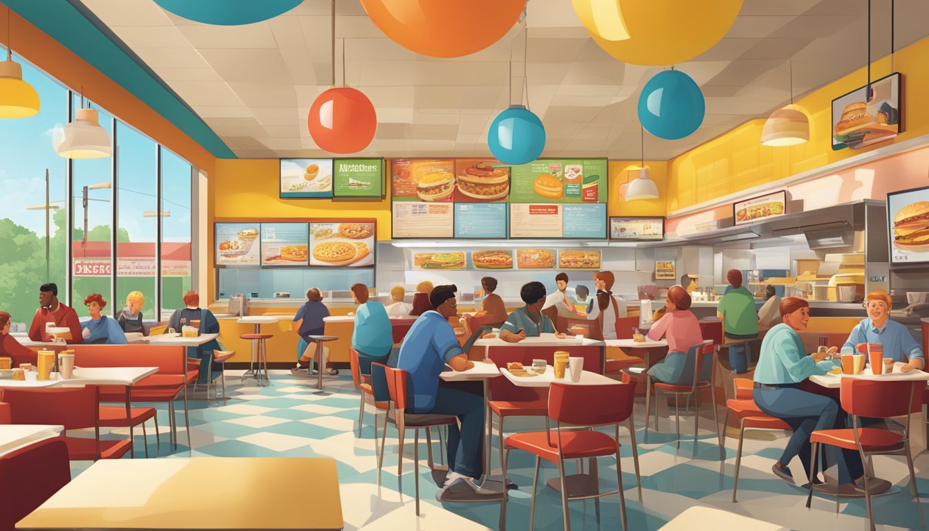 A bustling McDonald's breakfast scene with iconic menu items and nostalgic advertising posters on the walls. Customers enjoy their meals at colorful tables