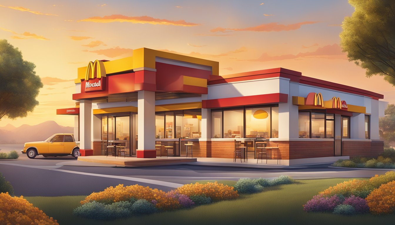 The iconic golden arches of McDonald's stand tall against a sunrise backdrop, with a spread of breakfast items evolving around it, from traditional to modern options