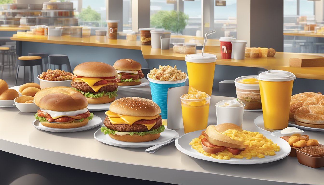 A bustling McDonald's breakfast scene with a diverse array of food items, including traditional breakfast fare and innovative new options, displayed on a modern and sleek counter