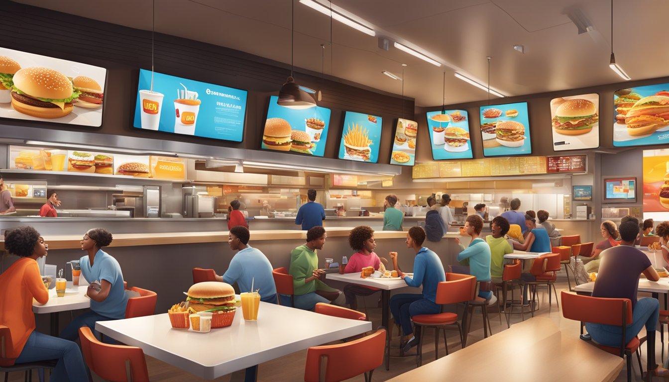 A bustling McDonald's restaurant with a vibrant breakfast advertising campaign displayed on billboards, posters, and digital screens, attracting a steady stream of customers