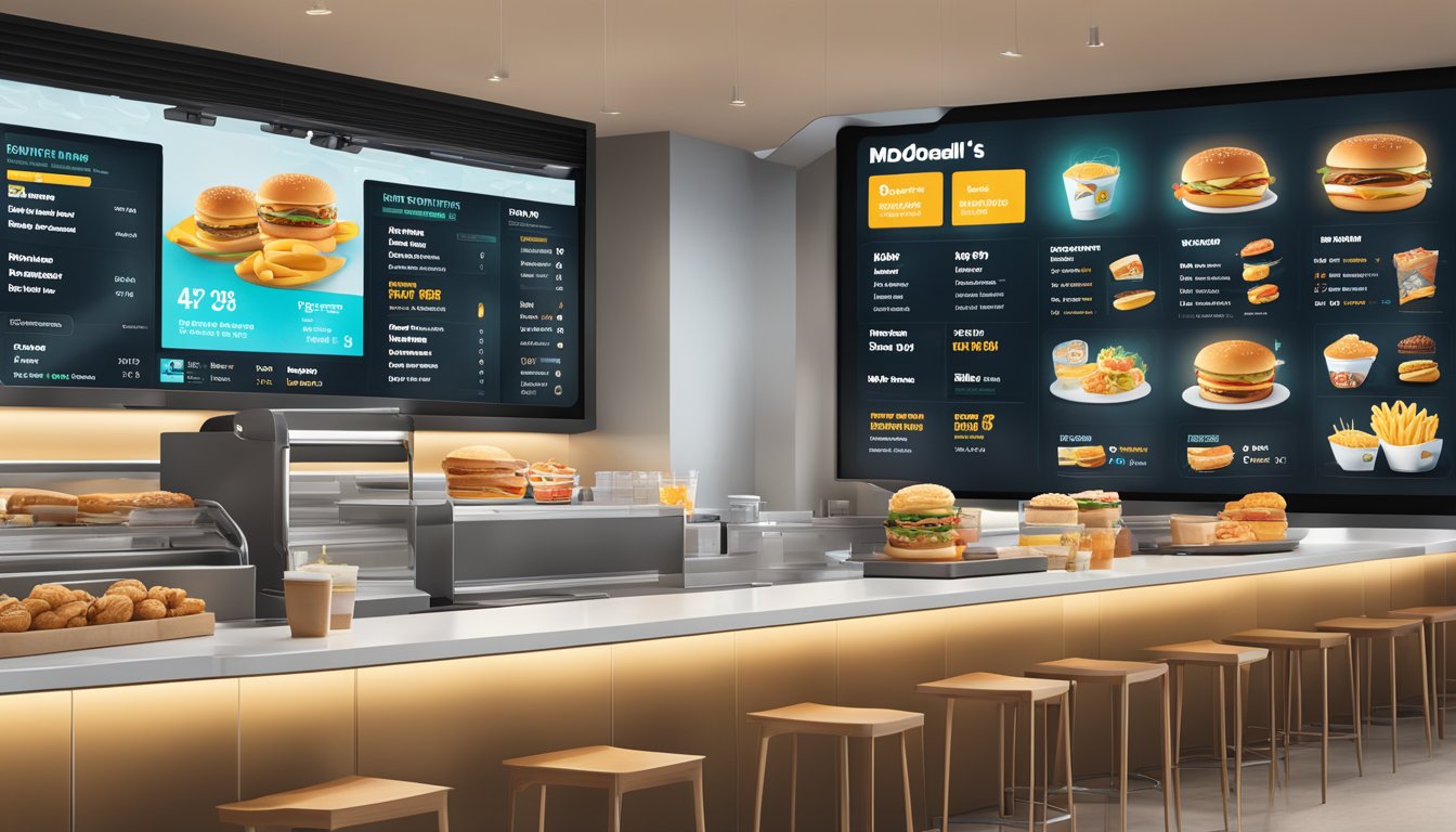 A futuristic McDonald's breakfast menu displayed on a digital screen with dynamic pricing options and sleek, modern design