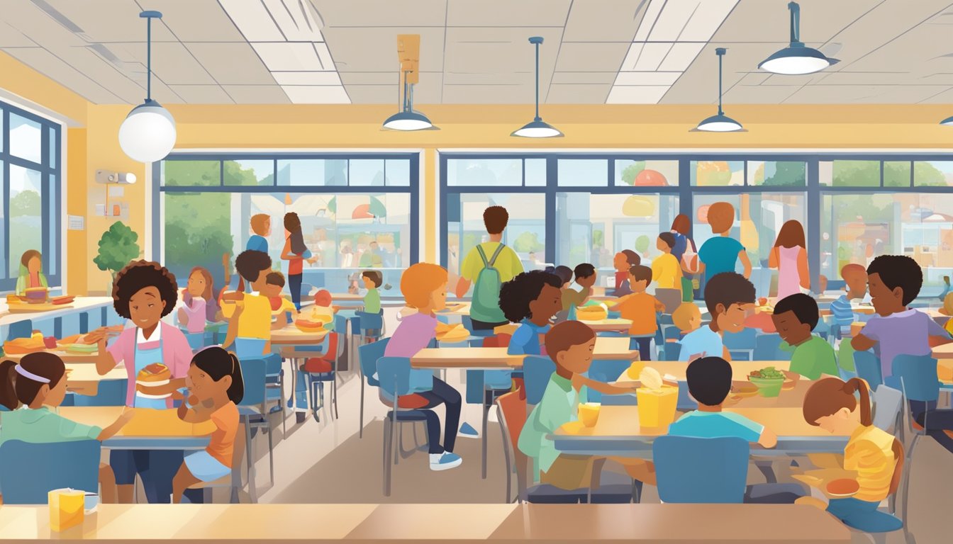 A bustling school cafeteria with children enjoying balanced breakfast options, while a McDonald's breakfast menu looms in the background, symbolizing its influence on school nutrition programs