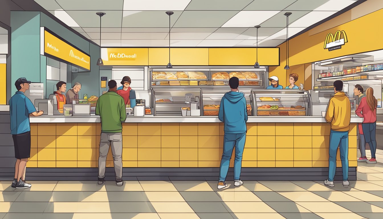 A bustling McDonald's breakfast counter with a display of consistent menu items and a line of customers waiting to place their orders