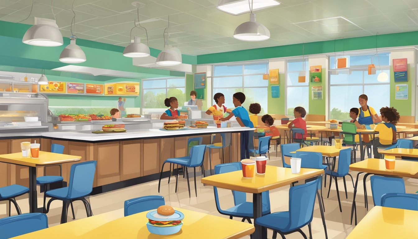 A school cafeteria with children eating breakfast, while a McDonald's restaurant is visible nearby, influencing school nutrition programs