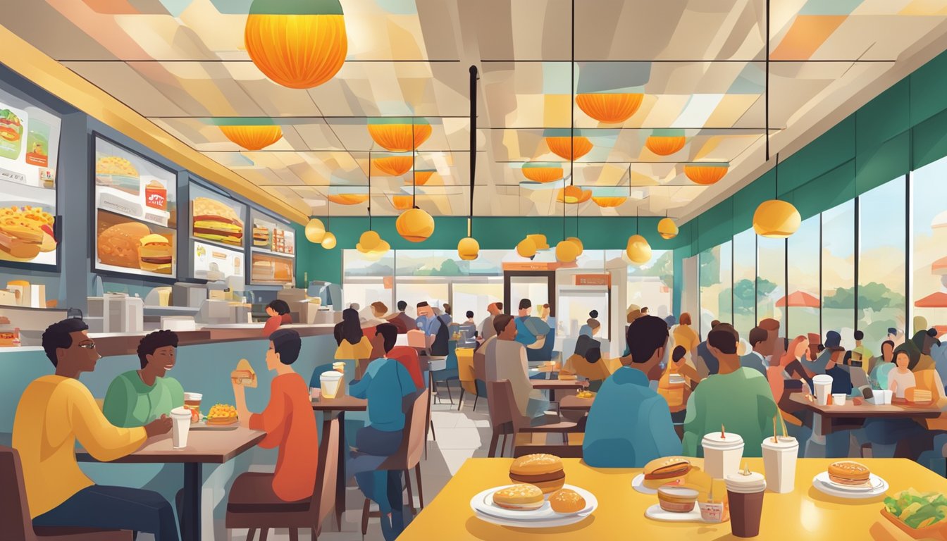 A bustling McDonald's restaurant with a clock showing different times of day, surrounded by customers enjoying breakfast items