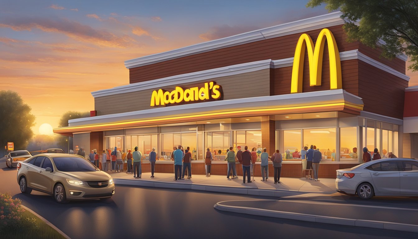 The sun rises behind the iconic golden arches, casting a warm glow over the bustling McDonald's breakfast scene. Customers line up eagerly as employees prepare for the day ahead