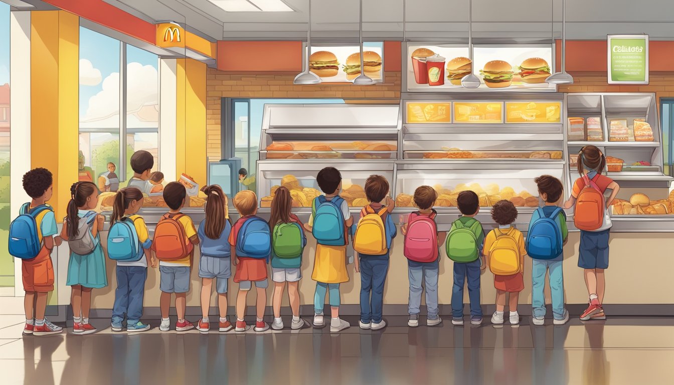 A group of school-aged children eagerly line up at a McDonald's breakfast stand, choosing fast food over the school nutrition program