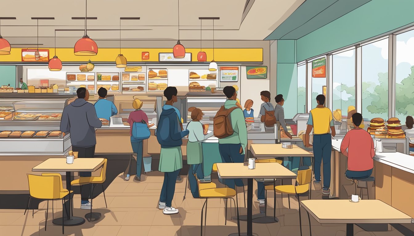 A bustling McDonald's restaurant with a display of breakfast menu items, including coffee, sandwiches, and pastries. Customers wait in line while others enjoy their meals at tables