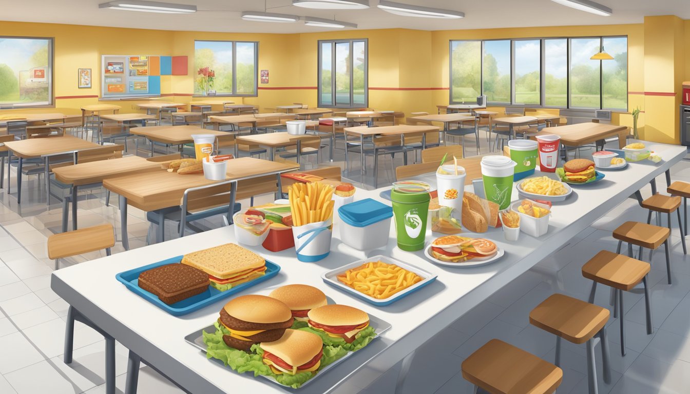 A table with a spread of McDonald's breakfast items, surrounded by children's lunch trays and school cafeteria setting